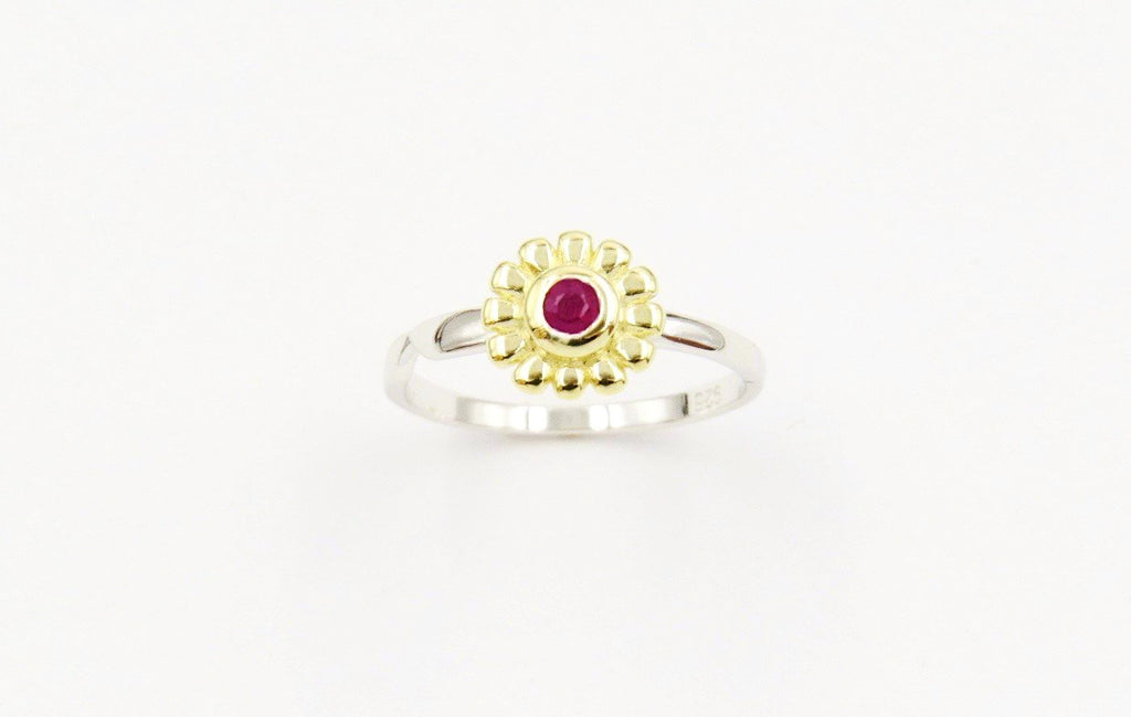 The Rising Sun flower Sword Ring - 18K Gold plated and Sterling Silver, Genuine Ruby